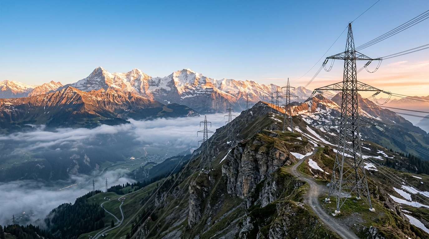 Szene 1 - Weitwinkel Schweizer Alpen und Hochspannungsnetz
