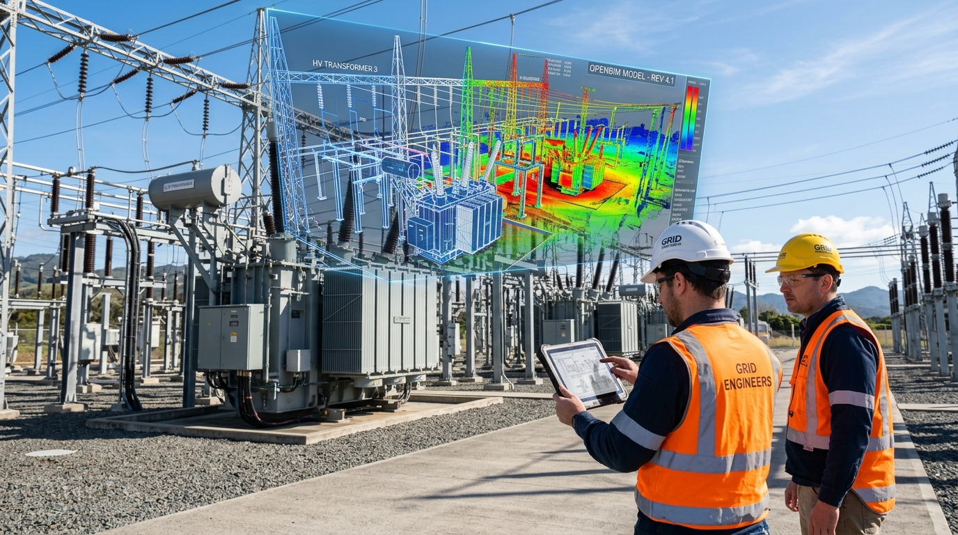 Szene 4 - OpenBIM Wireframe und LiDAR Punktwolke über Umspannwerk